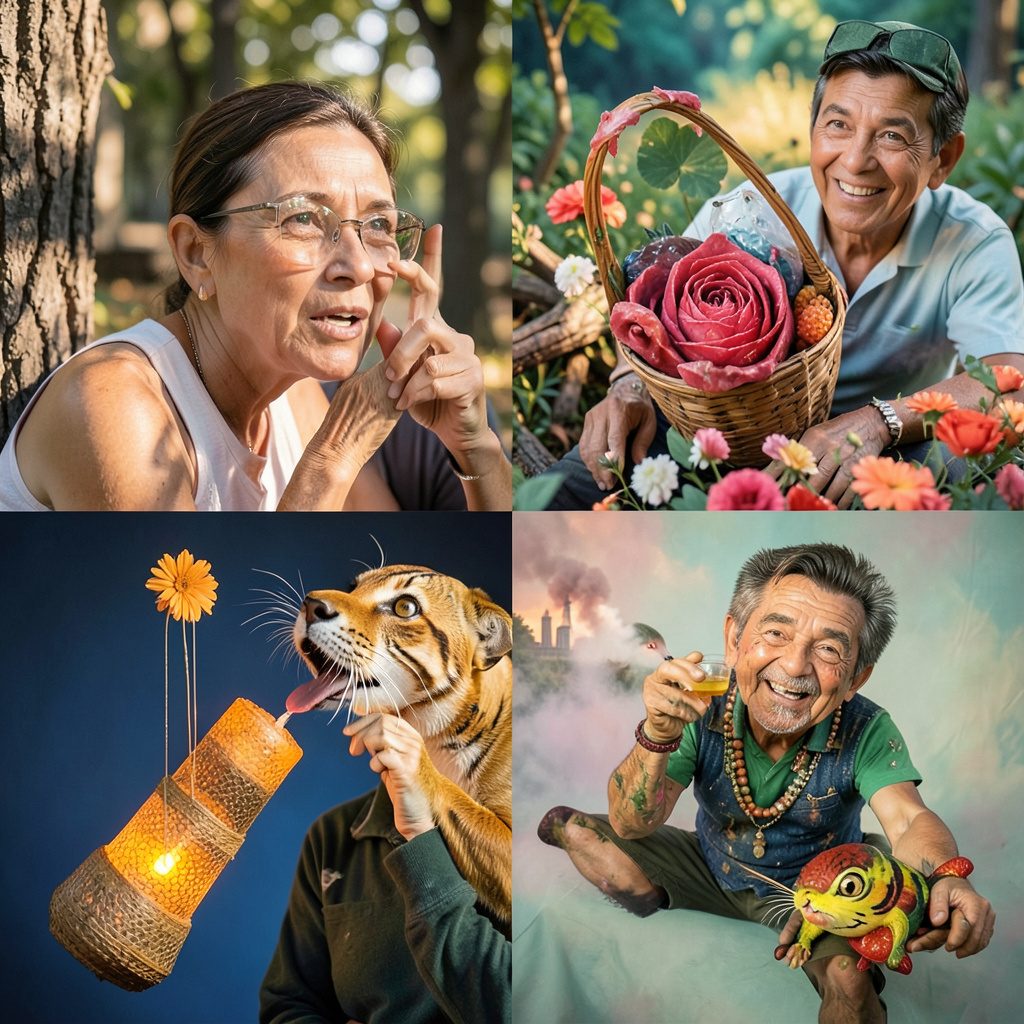 collection of quirky and amusing curiosity images with coral orange and dark accents, lighthearted mood